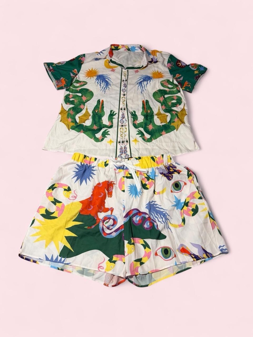 Whimsical Printed Short Pajama Set in White & Green